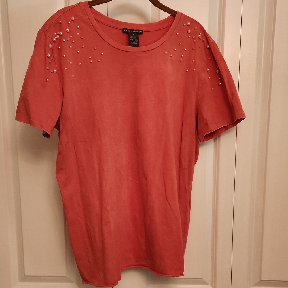 Chelsea & Theodore Coral Short Sleeve Top with Pearl Accents